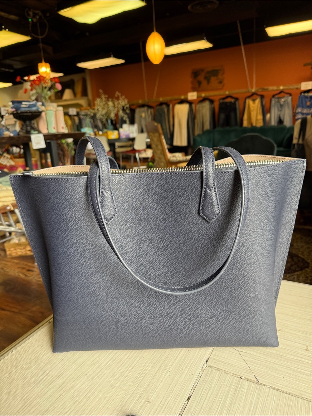 Quince Slate Blue Pebbled Leather Tote Bag